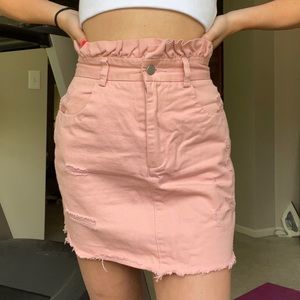 Pink paper bag denim mini skirt